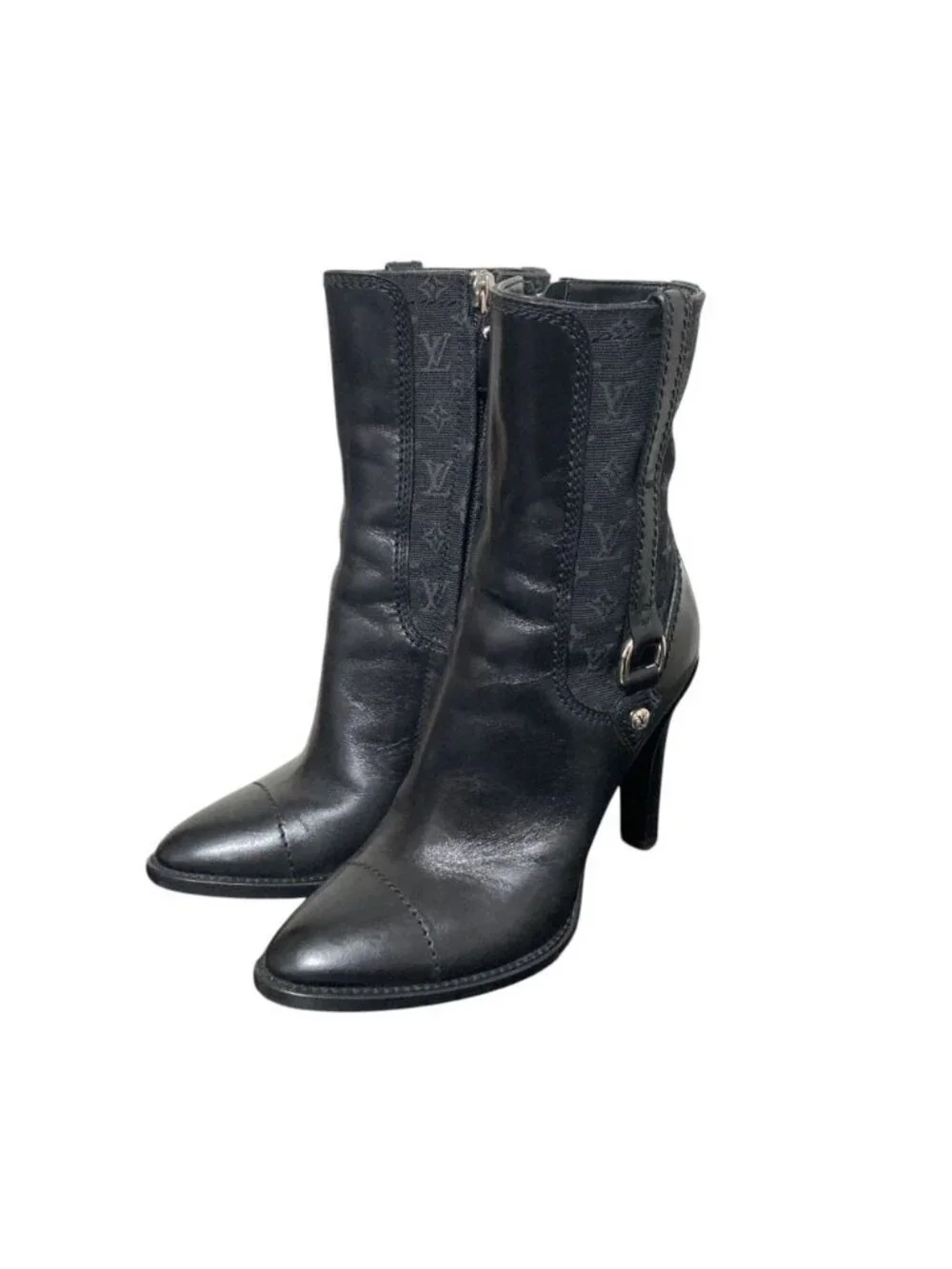 Louis Vuitton Monogram Mini Leather Trim Side Zip Short Boots Black
